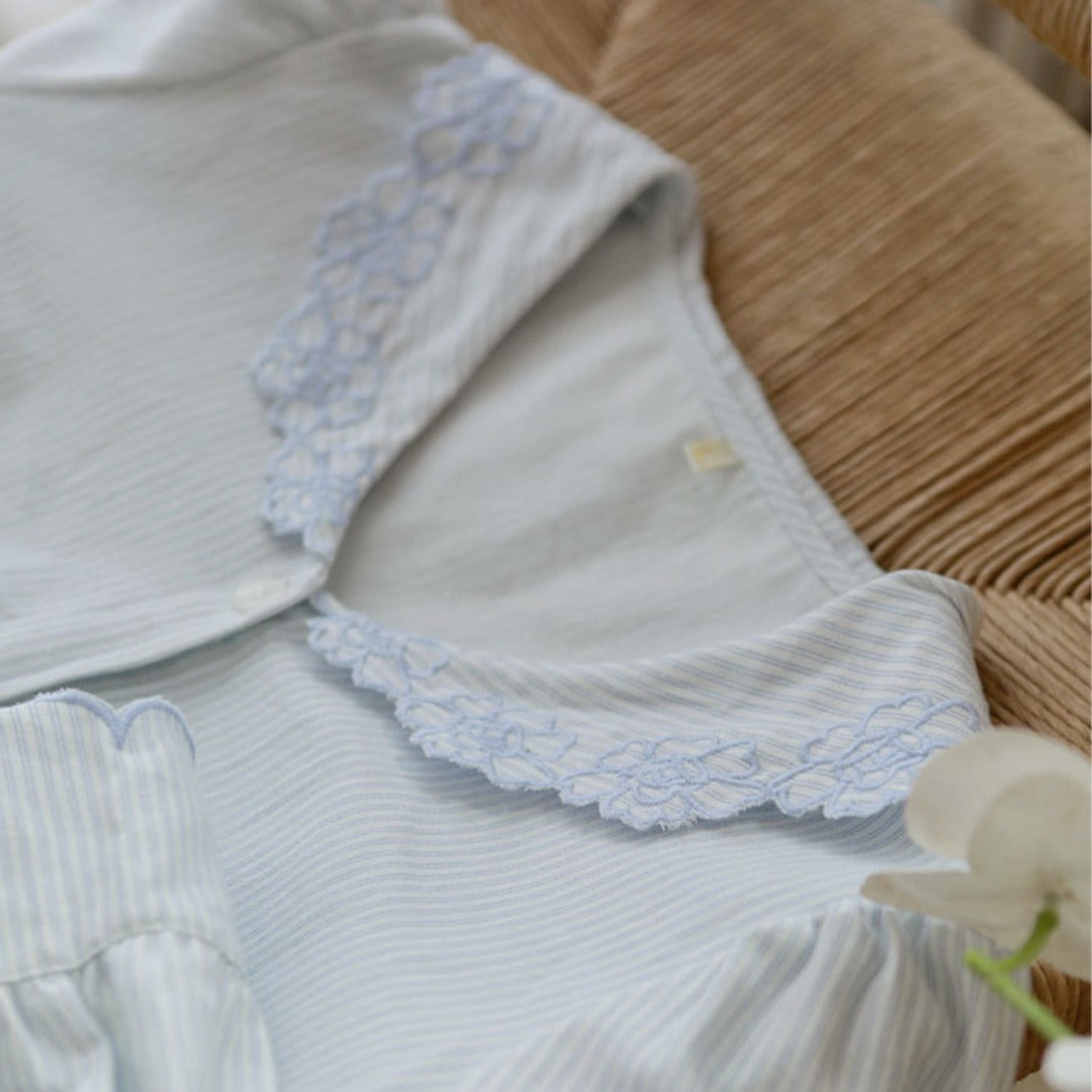 2025Winter 【日本製】全面起毛　パステル ストライプ柄 襟元花柄刺繍　袖口　全面起毛だから片面よりさらに柔らかく、あたたかい！　綿100％