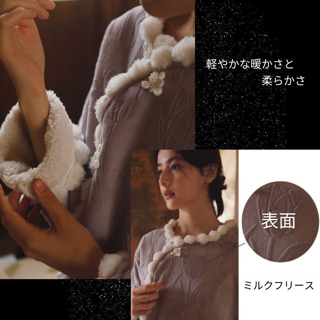 【9月中旬先行予約販売】2025 冬新作❄️日本製❤️モコモコルームウェア　パープル　チューリップ　上下セット
