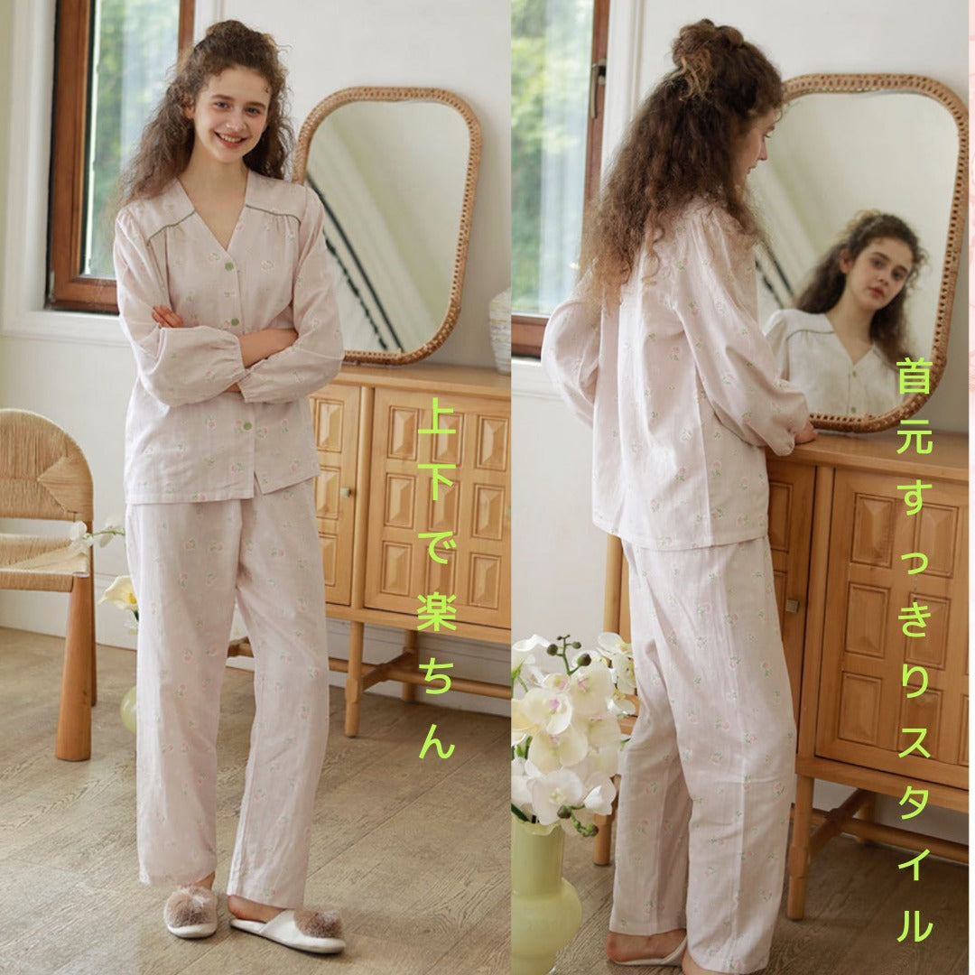 WダブルガーゼW【日本製】2025新作  フェミニンローズ　2色   長袖　長ズボン  V開き　襟なし パジャマ ルームウェア