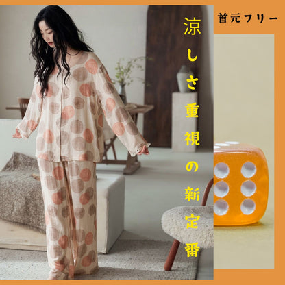 【FIORA】竹布 TAKEFU ベージュ ドット 長袖 長ズボン パジャマ ルームウェア レディース