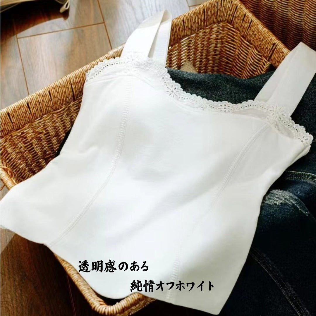 2026年新作　暖かい美シルエットインナーキャミ    両面起毛　ホワイト　ブラック　カーキ　レッド　キャミソール　レース　裏表起毛　４色展開