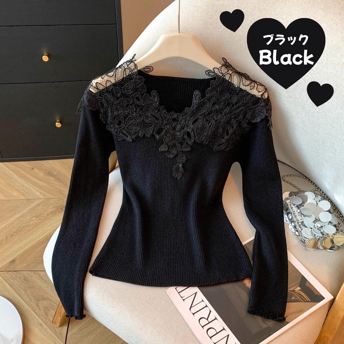 【FIORA】トップス レース切り替えトップス ブラック グレー ホワイト ３色展開 着痩せ