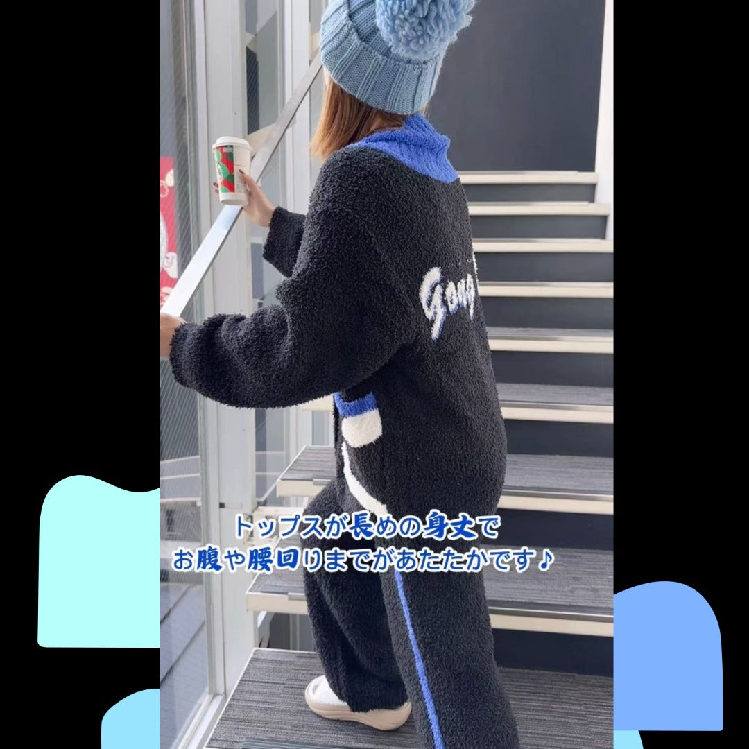 【先行発売開始】2025Winter新作❄️日本製❤️モコモコルームウェア　ブラック＆ブルー　上下セット　ボタン　前開き