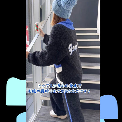 【先行発売開始】2025Winter新作❄️日本製❤️モコモコルームウェア　ブラック＆ブルー　上下セット　ボタン　前開き