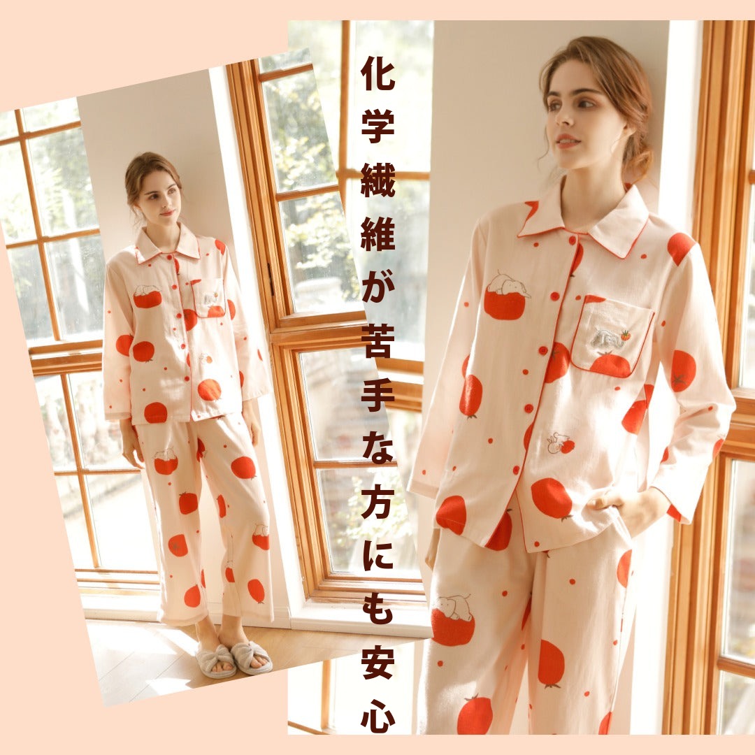 綿サテン　【日本製】トマト＆ぞうさん　2025新作　長袖 　長ズボン パジャマ ルームウェア