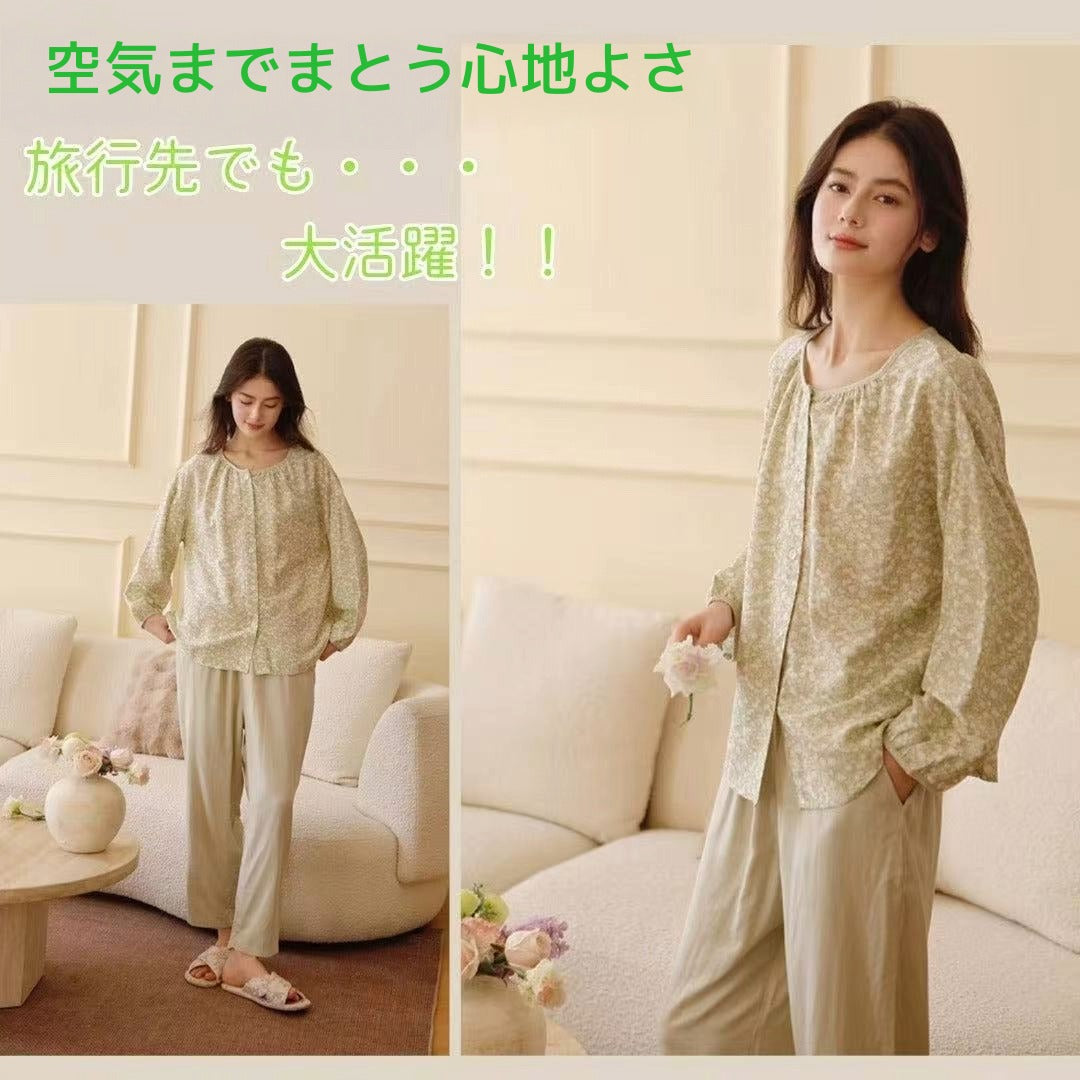 竹布🎋TAKEFU   【日本製】　若草色　襟なし 長袖 長ズボン パジャマ  ルームウェア