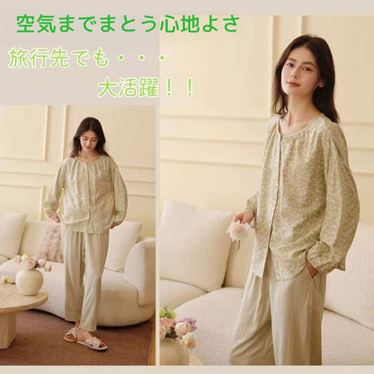 竹布🎋TAKEFU   【日本製】　若草色　襟なし 長袖 長ズボン パジャマ  ルームウェア