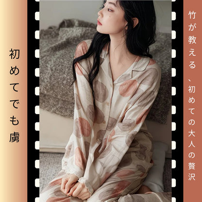 【FIORA】竹布 TAKEFU ベージュ ドット 長袖 長ズボン パジャマ ルームウェア レディース