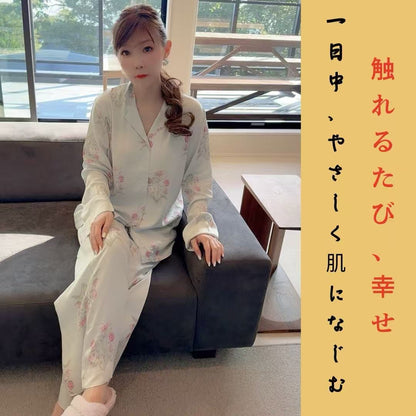 綿サテン　【日本製】ライトグリーン　ピンクのバラ柄　長袖 長ズボン パジャマ ルームウェア