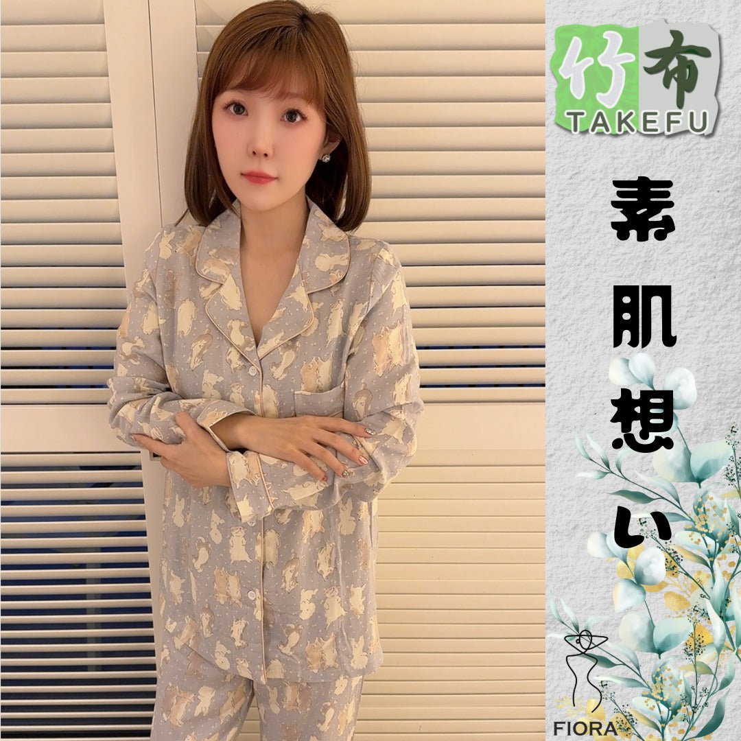 【FIORA】竹布 TAKEFU ダブルわんチャン柄  長袖 長ズボン パジャマ ルームウェア レディース