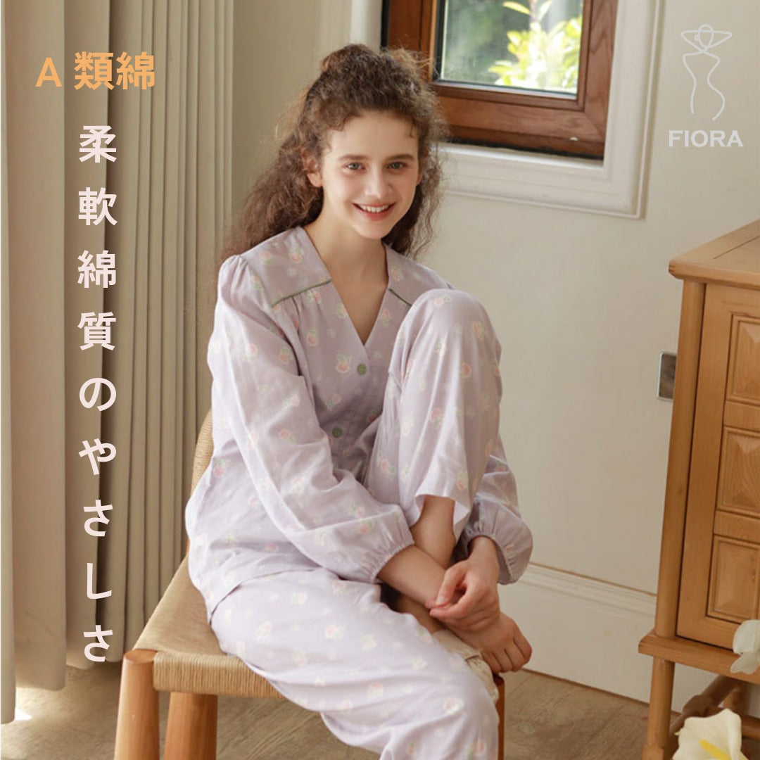 WダブルガーゼW【日本製】2025新作  フェミニンローズ　2色   長袖　長ズボン  V開き　襟なし パジャマ ルームウェア