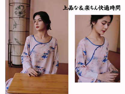 竹布🎋TAKEFU 【日本製】　　青紫色の花と赤い鳥　8分袖 　8分丈ズボン　パジャマ 　ルームウェア