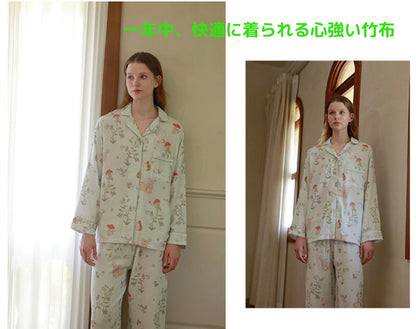 竹布🎋TAKEFU★【日本製】2025秋冬新作♦︎ライトブルー　キノコと動物たち　長袖 長ズボン パジャマ ルームウェア