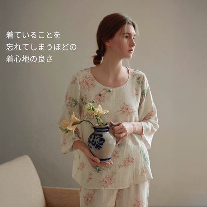 竹布🎋TAKEFU　【日本製】ピンクのお花&竹柄　７分袖 長ズボン 襟なし パジャマ ルームウェア　