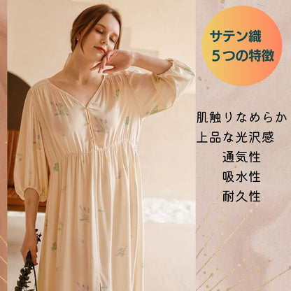 【FIORA】綿サテン 極艶 ワンピーススタイル  ベビーピンク・アップルグリーン パジャマ ルームウェア レディース