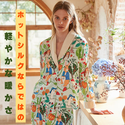 【先行発売開始】2025秋冬新作 🎃ホットシルク　裏地ベロア　ハリネズミ＆うさぎ柄  長袖 長ズボン パジャマ ルームウェア