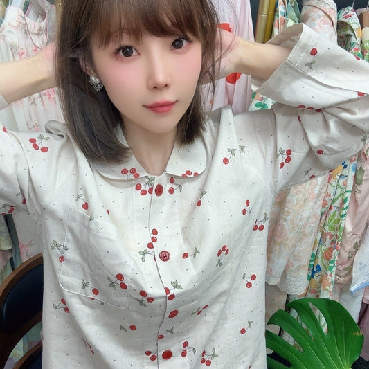 【FIORA】ダブルガーゼW  さくらんぼ 長袖 長ズボン パジャマ ルームウェア レディース