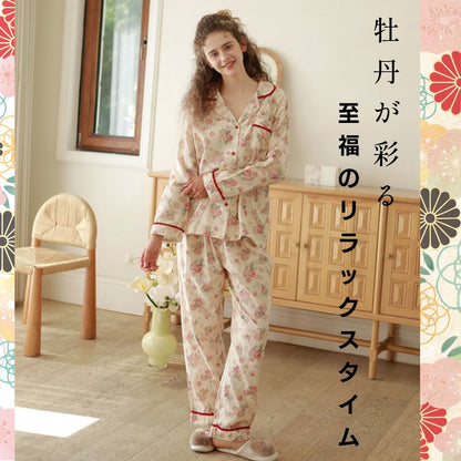 WダブルガーゼW【日本製】2026元旦新作　牡丹花柄　長袖　長ズボン  パジャマ ルームウェア