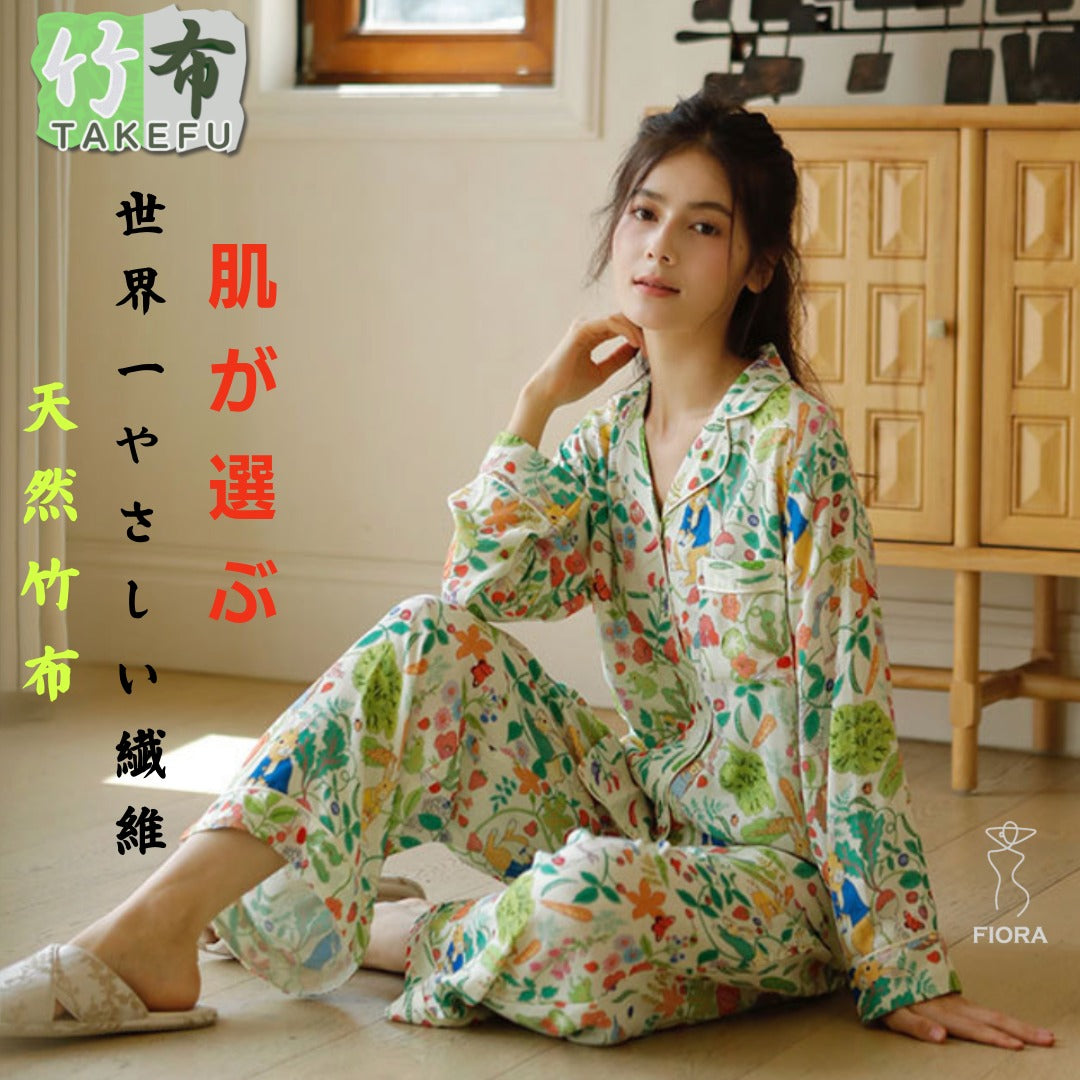 竹布🎋TAKEFU  【日本製】　　ハリネズミ＆うさぎ柄  長袖 長ズボン パジャマ ルームウェア