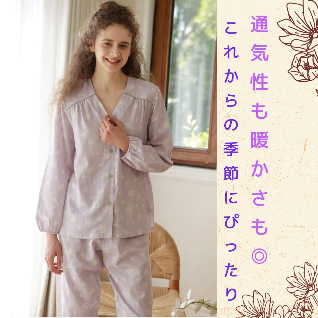 WダブルガーゼW【日本製】2025新作  フェミニンローズ　2色   長袖　長ズボン  V開き　襟なし パジャマ ルームウェア