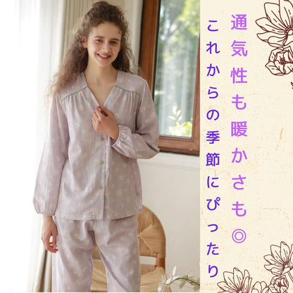 WダブルガーゼW【日本製】2025新作  フェミニンローズ　2色   長袖　長ズボン  V開き　襟なし パジャマ ルームウェア