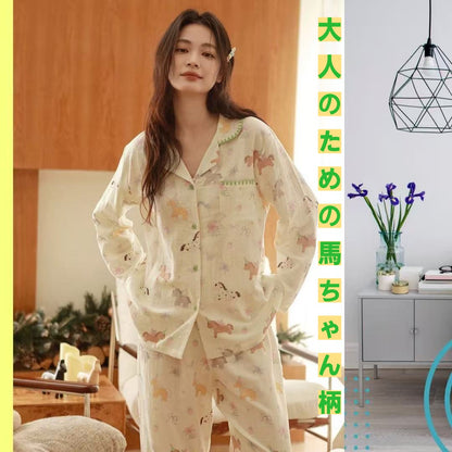 WダブルガーゼW【日本製】　多彩馬　馬年の🐎　　2026元旦新作　2026年（馬年）のスタートに、幸運いっぱいの馬柄パジャマを。可愛いお馬ちゃんが好運を運んでくれるラッキーアイテム　
