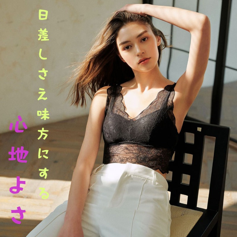 【FIORA】日本製プレミアムシルクタッチ・フレンチレース・美シルエット肩まで総レースブラック・アイボリー キャミソール