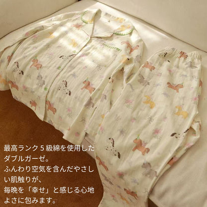 WダブルガーゼW【日本製】　多彩馬　馬年の🐎　　2026元旦新作　2026年（馬年）のスタートに、幸運いっぱいの馬柄パジャマを。可愛いお馬ちゃんが好運を運んでくれるラッキーアイテム　