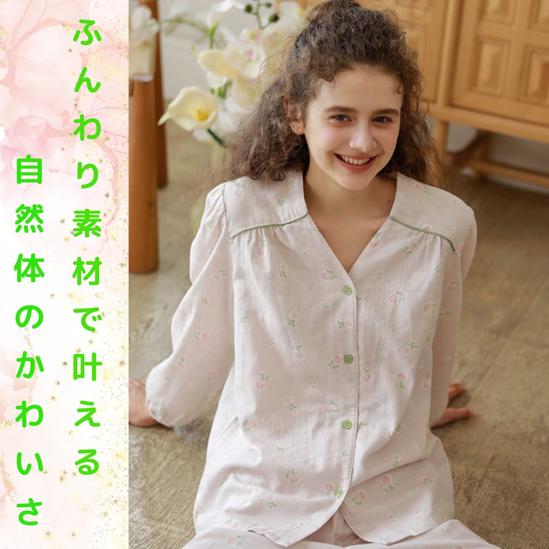 WダブルガーゼW【日本製】2025新作  フェミニンローズ　2色   長袖　長ズボン  V開き　襟なし パジャマ ルームウェア
