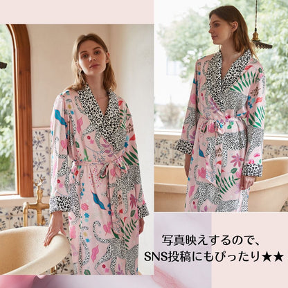 【先行発売開始】2025秋冬新作 🎃ホットシルク　ガウン　バスローブ　裏地ベロア　白ヒョウ パジャマ ルームウェア