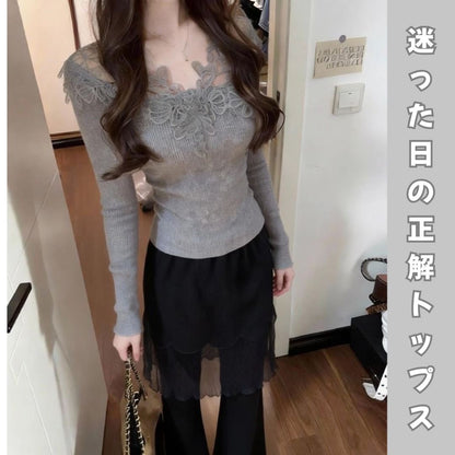 【FIORA】トップス レース切り替えトップス ブラック グレー ホワイト ３色展開 着痩せ