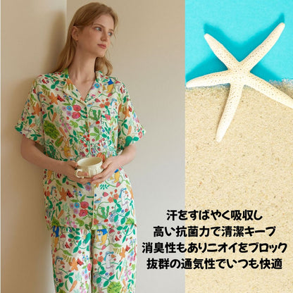 【FIORA】竹布 TAKEFU ハリネズミ 半袖  長ズボン パジャマ ルームウェア レディース