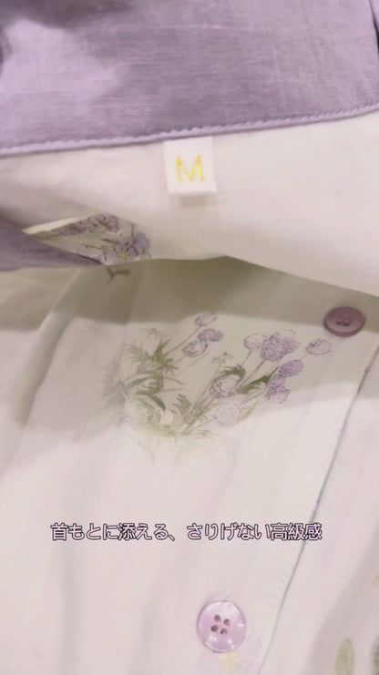 WダブルガーゼW【日本製】2025新作  上品パープル小花柄 　長袖　長ズボン パジャマ ルームウェア