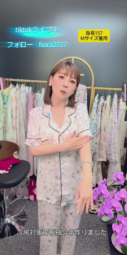 【FIORA】綿サテン 極艶 ブルー野鳥柄 半袖  長ズボン パジャマ ルームウェア レディース