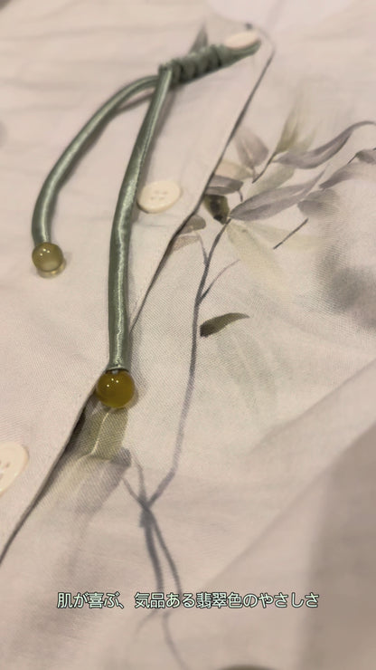 竹布🎋TAKEFU【日本製】　翡翠カラー  竹柄　2025秋冬新作　長袖　長ズボン　襟なし パジャマ　ルームウェア