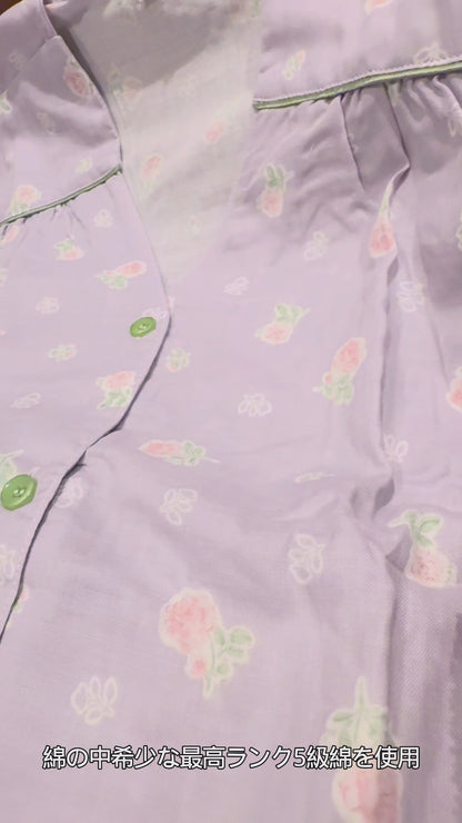 WダブルガーゼW【日本製】2025新作  フェミニンローズ　2色   長袖　長ズボン  V開き　襟なし パジャマ ルームウェア