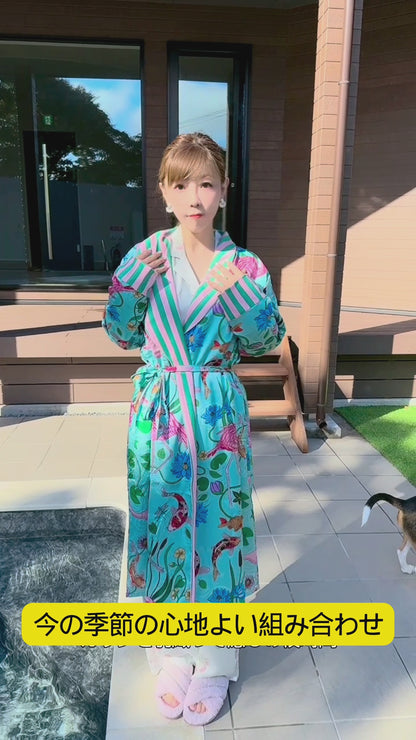 綿サテン　【日本製】ライトグリーン　ピンクのバラ柄　長袖 長ズボン パジャマ ルームウェア