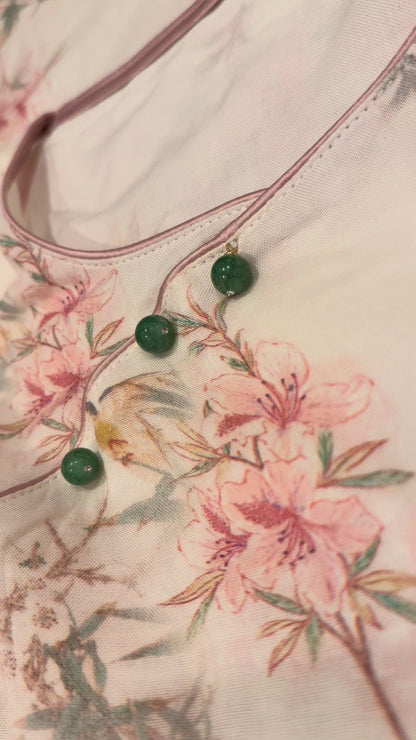 竹布🎋TAKEFU　【日本製】ピンクのお花&竹柄　７分袖 長ズボン 襟なし パジャマ ルームウェア　