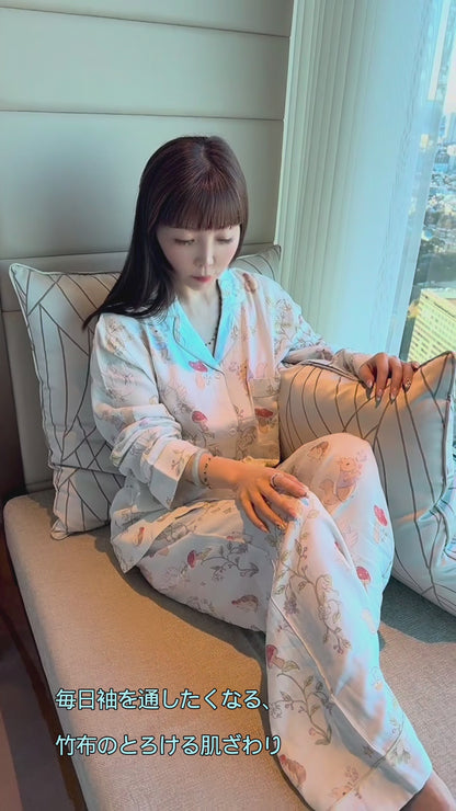 竹布🎋TAKEFU★【日本製】2025秋冬新作♦︎ライトブルー　キノコと動物たち　長袖 長ズボン パジャマ ルームウェア